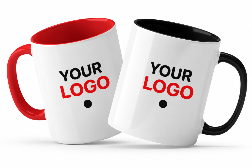 Custom promotional mugs with logo | White with colored interior and handle