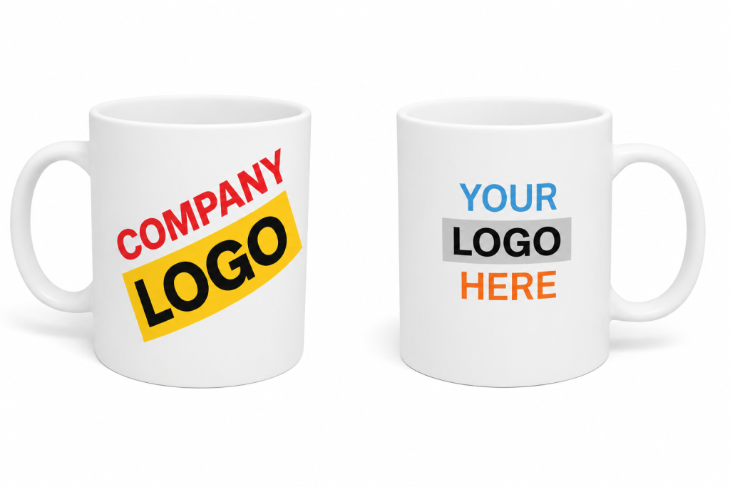 White promotional mugs with print