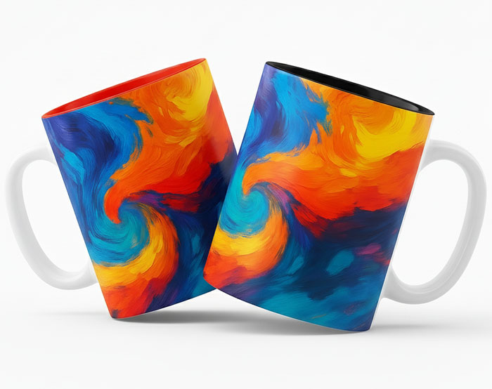 White full-wrap promotional mugs with colored interior